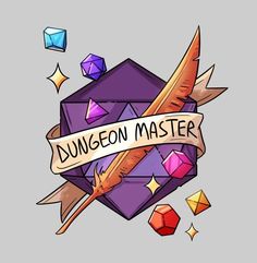 an image of a logo for a game called dungeon master, with some dice around it