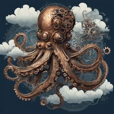 an octopus is floating in the air surrounded by steampunky gears and clouds