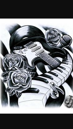 an image of a tattoo with flowers on it and a guitar next to the piano