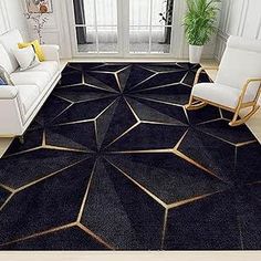 a living room with white furniture and black carpeted area rugs on the floor