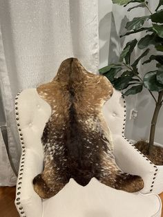 an animal hide is on the back of a chair next to a potted plant