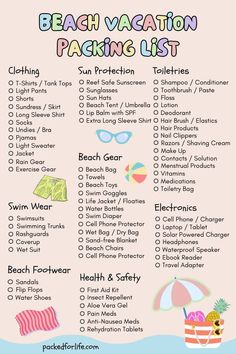 the beach vacation packing list is shown