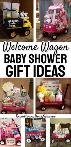 baby shower gift ideas with the words welcome wagon, baby shower gift ideas and pictures