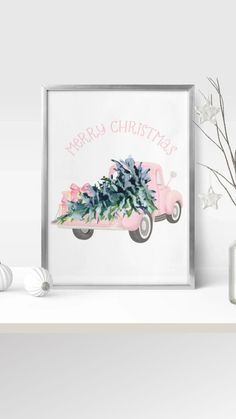 Vintage Pink Truck Christmas Printable Wall Art Pink Christmas Decor Bedroom Pink Holiday Poster Pink Christmas House, Christmas House Decorations, Christmas Decor Bedroom, Pink Christmas Decor