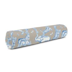 an elephant and giraffe print yoga mat rolled up on a white background with blue trim