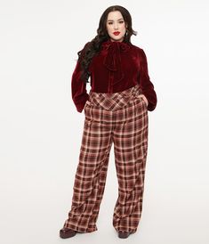 These chic, plus size beauties features a burgundy plaid print with a trendy double belt design that adds a touch of flair to any outfit. With comfortable side pockets and a sleek side zipper, they’re as functional as they are fashionable. Made from high-quality woven fabric, you’ll love the way they feel while turning heads wherever you go..Available in sizes XS-5X while supplies last. | Unique Vintage Plus Size Burgundy Plaid Double Belt Woven Pants | Size 2X/18 Vintage Plaid Bottoms For Work, Plus Size Tartan, Vintage Plaid Pants, Vintage High Waist Plaid Bottoms, Red Plaid Bellbottoms Pants, Winter Flannel, Double Belt, Chic Plus Size, Vintage Plus Size