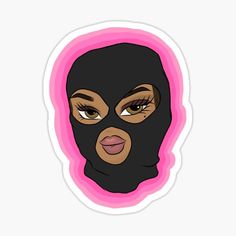 a woman wearing a black mask with pink trimmings on her face sticker