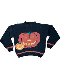 Perfect Pumpkin Sweater for your Halloween. Great condition.  Vintage sizes vary widely from modern sizes. We recommend comparing the measurements below to those of your favorite sweater for best fit.  Tag: M Width (across chest): 22" Length (top of shoulder to bottom of sweater): 21" Sleeve (end of cuff to shoulder seam): 19" Shoulder (seam to seam across top): 23" Favorite Sweater, Vintage Halloween, Halloween Pumpkins, Sweater Outfits, Knitted Sweaters, Adult Outfits, Halloween, Knitting, Black