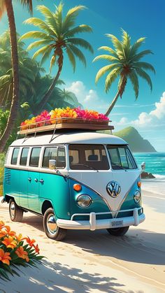 the vw bus is parked on the beach with flowers and surfboards on top