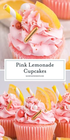 pink lemonade cupcakes with yellow and white frosting