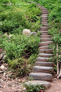 several tires are stacked on top of each other in the bushes and rocks near some trees