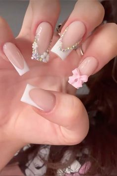 Pink Quince Nails Simple, Gemmed Out Nails, Quince Short Nails, Righnstones Nails, Nails W Gems Rhinestones, Acrylic Nail With Gems, Girly Acrylic Nails Short Square, French Nail With Gems, Acrylic Nails For Quinceanera