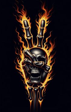 a hand with flames on it and a skull in the middle