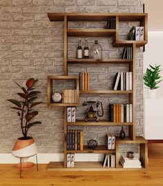 a bookshelf in the corner of a room next to a potted plant