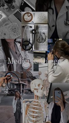 a collage of medical images including a skeleton, stethoscopes and other items