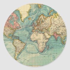 an old map of the world in pastel colors round sticker on a white background