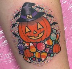 a halloween pumpkin with a witch's hat and candy on its leg, painted by artist mark