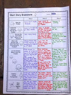 a short story brainstorm is shown on a piece of paper with words and pictures