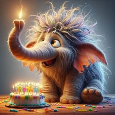 an elephant holding a lit candle in front of a birthday cake with candles on it