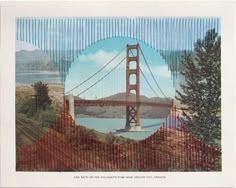 a painting of the golden gate bridge in san francisco, california with trees and mountains behind it