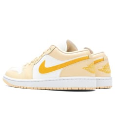 Inspired by the 1985 original AJ1, the Air Jordan 1 Low Shoe offers a clean, classic look in a low-cut model that's perfect for casual wear. Pictured is the Air Jordan 1 Low in Sail/Yellow Ochre/Pale Vanilla. DUE TO THE LIMITED NATURE OF THIS PRODUCT, ALL SALES ARE FINAL. THIS ITEM IS NOT ELIGIBLE FOR DISCOUNTS OR SPECIAL PROMOTIONS. Leather and synthetic upper Air-Sole unit Rubber outsole All sizes are listed in U.S. Women's sizing unless stated otherwise Style no: DC0774-170 Nike Jordan Yellow, Cute Yellow Shoes, Yellow Shoes Aesthetic, Jordan 1 Low Yellow, Yellow Dunks, Yellow Nike Shoes, Jordan 1 Low Women, Yellow Preppy, Blue Air Max