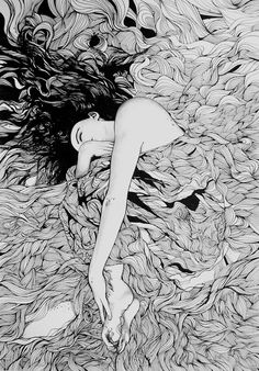 a black and white drawing of a woman laying on top of a pile of leaves