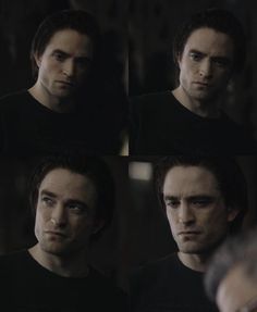 four different shots of the same man in black shirt looking at something on his face