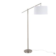 a floor lamp with a white shade on the base and a cord attached to it