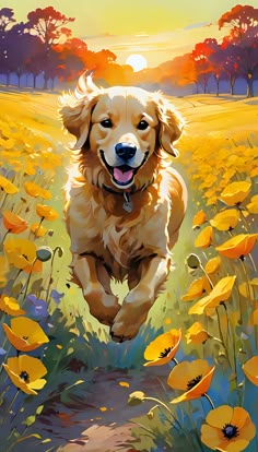 a painting of a golden retriever running through a field with yellow flowers in the foreground