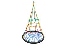 a toy swing with ropes and balls on it's back end, in front of a white background