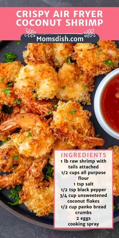 crispy air fryer coconut shrimp recipe on a plate with ketchup and dipping sauce