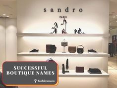 shoes and handbags are displayed on shelves in a store with the words sandro