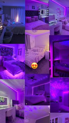 a collage of photos with purple lighting in the bedroom