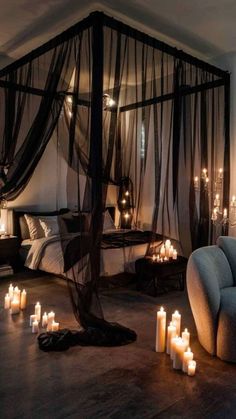 Gothic Romance Aesthetic Bedroom, Candlelit Bedroom Romantic, Romantic Rooms Ideas, Black And Bedroom Ideas, Dark Home Design Ideas, Light Modern Bedroom Ideas, Room With Canopy Bed Bedroom Ideas, Black Luxury Bedroom Ideas, Seductive Room Decor