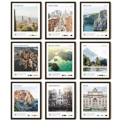 six framed photographs of different buildings and water