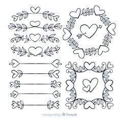 four hand drawn frames with hearts and leaves