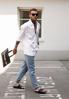 Men Slides Outfit, Mens Travel Fashion, Male Slides, Denim Combination, Mens Travel Style, Strong Mindset, Denim Jeans Outfit, Yoga Poses For Men, Slides Outfit