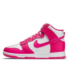 The Nike Dunk High Pink Prime is a stylish, women's high-top sneaker with modern materials. This model is crafted with a smooth white leather upper and bold Pink Prime overlays that provide a unique look and feel. The silhouette is completed by the signature logo Swooshes and a woven Nike tongue label which gives an additional dose of style. Get ready to add the new Nike Dunk High Pink Prime to your wardrobe for unbeatable comfort and style. With its modern design, it will serve you season after season for all-day wearability that looks great on every occasion. Dunk High Pink Prime, Dunks Nike, Nike Dunk High, Dunk High, Air Jordan 3, Nike Air Max Plus, Jordan 5, Nike Blazer, Jordan 3