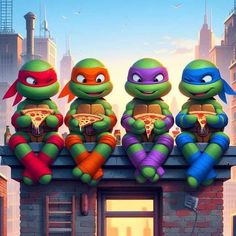 three teenaged turtles sitting on top of a roof eating pizza