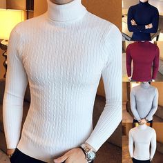 Casual Men Winter Solid Color Turtle Neck Long Sleeve Twist Knitted Sl – Sonicelife White Knit Turtleneck With Long Sleeves, White Knit Long Sleeve Turtleneck, White Cable Knit Long Sleeve Polo Sweater, Knit Long Sleeve Turtleneck For Winter, White Ribbed Polo Sweater For Winter, White Knitted Long Sleeve Turtleneck, White Knitted Turtleneck For Winter, White Cable Knit Turtleneck For Winter, White Knitted Long Sleeve Polo Sweater