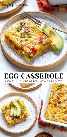 egg casserole on a plate with avocado