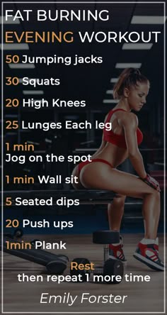 a woman squatting on a bench with the text, eat burning workout 50 jumping jacks