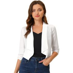 Keep your work-wear wardrobe up-to-date by adding this pretty lightweight cardigan. This piece pairs well with high-waisted pants, skirts, or dresses, and is versatile enough to be part of casual ensembles. It also looks chic with jeans and t-shirt, or over a dress. Suitable for daily work, casual, shopping, spring and summer wear. Chiffon Bolero, Lightweight Open Front Cardigan, Chiffon Cardigan, Bolero Shrug, Pants Skirts, Ruched Sleeve, Crop Blazer, Drape Cardigan, Work Wear Women