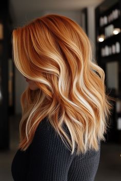 Elevate your style with the perfect blend of blonde highlights on rich copper hair! #CopperHairGoals #BlondeHighlights #HairColorInspo #GoldenGlow #HairstylePerfection Copper With Blonde Balayage, Brown Hair Strawberry Blonde Highlights, Highlights On Copper Hair, Copper Hair Blonde Highlights, Copper Highlights On Blonde Hair, Redhead With Highlights, Rich Copper Hair, Cowboy Copper Hair With Blonde, Ginger With Blonde Highlights