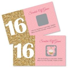 two pink and gold cards with numbers on them