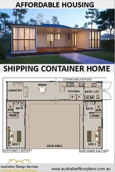 the floor plan for a shipping container home is shown in two different colors and sizes