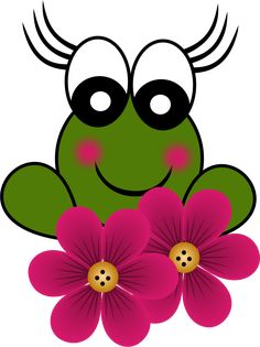 a green frog with pink flowers in front of it's face and two eyes