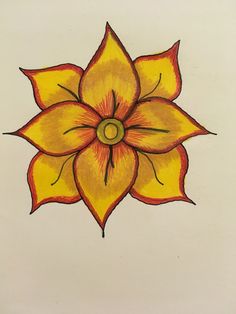 a drawing of a yellow and red flower