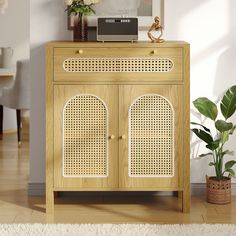 a wooden cabinet with wicker doors and two plants on top, in front of a white wall