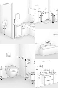 three views of a bathroom with toilet, sink and bathtub in different stages of construction